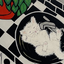 Brita Ferm: 'sinkful of slumber', 2010 Acrylic Painting, Pop. Artist Description: A friendaEURtms kitten will sleep in anything round.  Acrylic on Masonite ...