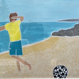 Brita Ferm: 'soccer on the beach', 2018 Acrylic Painting, Beach. Artist Description: It seems like thereaEURtms always a kid kicking a soccer ball around on Ocean Beach near the jetty...