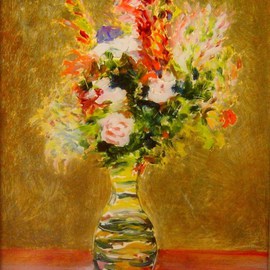 Ron Ogle: 'still life on glass', 1997 Oil Painting, Floral. Artist Description:  Based on a painting by Renoir. Oil on glass. It is painted on the back side of the glass. You can see where I drew with the tail end of my brush into the still wet paint. Framed. Zoom in. ...