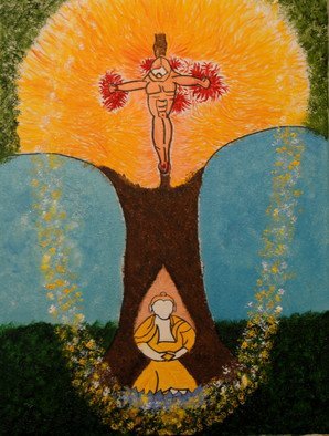 Obert Fittje: 'Christ and Buddha', 2010 Oil Painting, Mystical.   This is an image that combines Buddhism and Christianity with the Buddha sitting under the tree meditating and the figure of Christ crucified in the tree/ on the cross.           ...