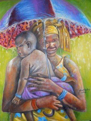 Smith Olaoluwa: 'caring mother', 2018 Oil Painting, People. Title Caring MotherArtist Olaoluwa Smith Medium Painting - Oil On CanvassDescription A caring mother carrying the baby during the rain with affection and smile...