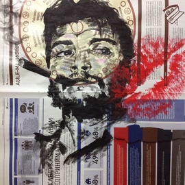 Oleg Khe: 'portrait of che guevara', 2017 Acrylic Painting, Celebrity. Artist Description: The symbol of the revolution became at one time a sex symbol. The drawing is made on a sheet of newspaper. ...