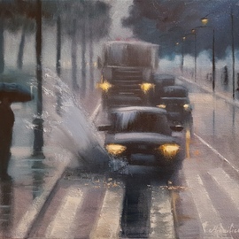 Olga Mihailicenko: 'bad weather', 2019 Oil Painting, Cityscape. Artist Description: 19. 6x15. 7x0. 6 inches.  One of a kind work.  Signed front and back.  Sold with certificate of Authenticity.  Painted on gallery wrapped canvas with the highest quality professional oil colours.  Sold with a simple light grey wooden frame.  This painting will be professionally packaged for safe travel.  ...