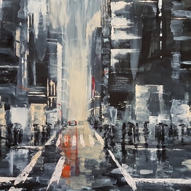 Olga Mihailicenko: 'between lights and rain', 2019 Oil Painting, Cityscape. Artist Description: 15. 7x11. 8x0. 2 inches.  One of a kind work.  Signed front and back.  Sold with certificate of Authenticity.  Painted on panel with the highest quality professional oil colours.  This painting will be professionally packaged for safe travel.  The colours may look a little bit different depending on ...