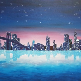 Olga Mihailicenko: 'blue night symphony', 2021 Oil Painting, Cityscape. Artist Description: 35. 4x23. 6x0. 6 inches.  One of a kind work.  Signed front and back.  Sold with certificate of Authenticity.  Painted on gallery wrapped canvas with the highest quality professional oil colors.  Sold with a simple black wooden frame.  This painting will be professionally packaged for safe travel.  The ...