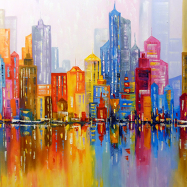 Olha Darchuk: 'rainbow city', 2021 Oil Painting, Cityscape. Artist Description: Rainbow city oil painting in a single copy on canvas without a frame as the edges are painted, 100  work with high- quality oil and palette knife, a picture for the interior of your home and positive emotions for the whole family . Ready to hang. ...