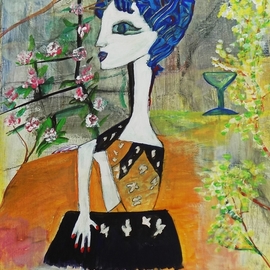 Liz Taylor: 'drinking wine in my garden', 2020 Acrylic Painting, Abstract Figurative. Artist Description: I love this piece of work which is inspired by Pablo Picasso and my experience during lockdown in the UK.  It is a small piece of work created in acrylic on shallow canvas.  It depicts a young woman drinking wine in her garden.  A really cheerful piece, created ...