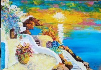 Asia Djibirova: 'romantic sunset of santorini', 2019 Oil Painting, Seascape. Original artwork. One of Kind work. ...