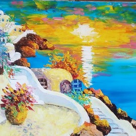Asia Djibirova: 'romantic sunset of santorini', 2019 Oil Painting, Seascape. Artist Description: Original artwork. One of Kind work. ...