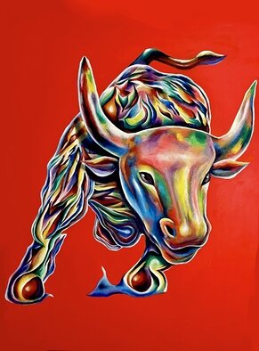 Oscar Vasquez: 'rainbow bull', 2023 Oil Painting, Animals. Oil and acrylic paint on canvas. 36x48  This piece is part of a larger series of animals, painted in the same style. ...