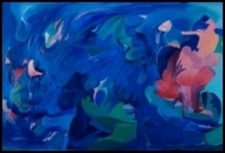 Elena Osterwalder: 'Whirling Gnomes', 1988 Oil Painting, Abstract Landscape.  Images of gnomes dancing in the sky. Blue period of Osterwalder .Oil on canvas . ...