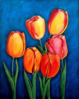 Ozgul Tuzcu: 'Tulips', 2007 Acrylic Painting, Floral.  A bunch of yellow, pink, red tulips on a cerulian blue background. ...