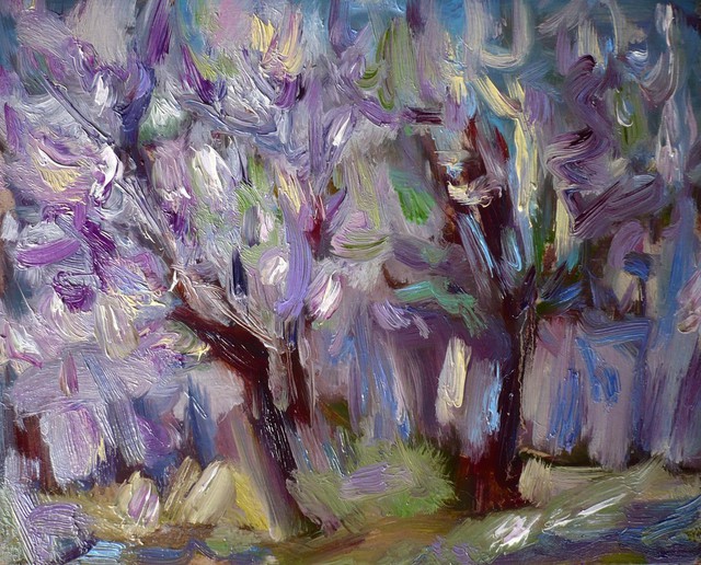 Galina Nikolova  'Acacias In Violet', created in 2009, Original Painting Oil.