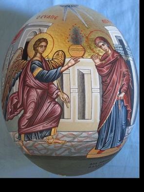 Adamantia Karatza: 'Icon of Annunciation on ostrich egg', 2012 Tempera Painting, Religious.             Hand painted religious icon on handcrafted wood with eggyolk tempera and real gold sheets on background under all traditional rules of byzantin art. The haloes are crafted by hand, and on the cloths there are real gold sheets.           ...