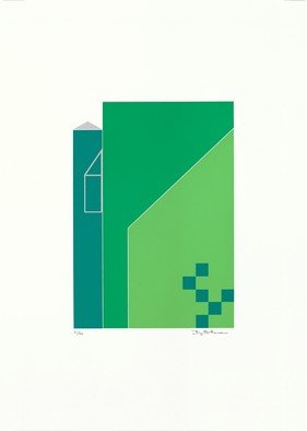 Birgitte Hansen: 'green houses', 1985 Serigraph, Architecture. Green Houses are inspired by Danish architecture. The style is Nordic, minimalist, simple and clear. If you are visiting a city in Norway, Sweden, Finland or Denmark, you will find streets and buildings that are modern in the lines, clear in shape and with strong colors. Very inspiring.The image ...