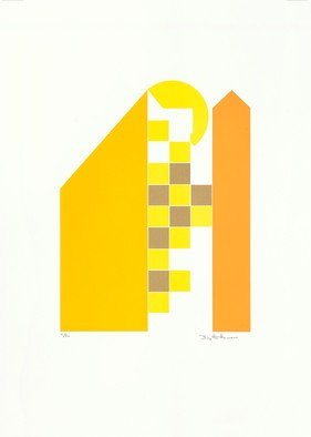 Birgitte Hansen: 'yellow houses', 1985 Serigraph, Architecture. Yellow Houses are inspired by Danish architecture. The style is Nordic, minimalist, simple and clear. If you are visiting a city in Norway, Sweden, Finland or Denmark, you will find streets and buildings that are modern in the lines, clear in shape and with strong colors. Very inspiring.The image ...