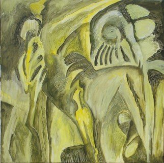 Khaled Alhamzah: 'Myth309', 2009 Acrylic Painting, Mythology.   with no drawing preperation, direct on canvas, found and chance, mythokogical creatures, cave panting, Persian miniaturees, cool colors, pale colors, green, yelow, black, gree shpes, approperiation,   ...