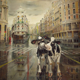 Enrique Pariente: 'Par de vacas en la Gran Via de Madrid', 2011 Oil Painting, Urban. Artist Description:  It's raining moment in Gran Via in Madrid, with a couple of cartoon cows ...
