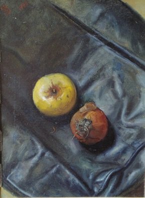 Parnaos Surabischwili: 'Apple and Onion', 1990 Oil Painting, Still Life.   Oil painting on board  ...
