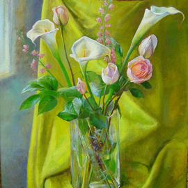 Parnaos Surabischwili: 'Callas and Roses', 2006 Oil Painting, Still Life. Artist Description:   Oil painting on board ...