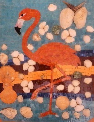 Goksen Parlatan: 'shapeshifter mosaic', 2017 Mosaic, Animals. A flamingo is seen in the picture with its own placements as the sea shells and the sky...