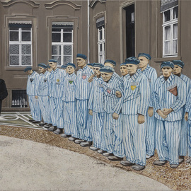 Pasquale Pacelli: 'greeting to inmates', 2017 Acrylic Painting, Figurative. Artist Description: In the palace of power of the third Reich, the Chancellor dress in his tail, inspects the inmates, who of that power they are victims, each of them bears his own guilt, stitched on his chest.  A face to face, exchange of looks that increasingly distance the two ...