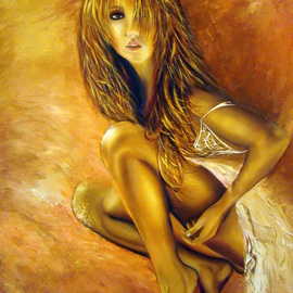Patricia Vicente: 'Agazapada', 2012 Oil Painting, Figurative. Artist Description:   A georgeus woman in an attitude like a big cat. ...