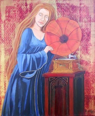 Patrick Lynch: 'To Dream The Old Dreams Over Is A Luxury Divine', 2015 Acrylic Painting, Music.  A red- haired woman listens to the music being played on a gramophone    ...