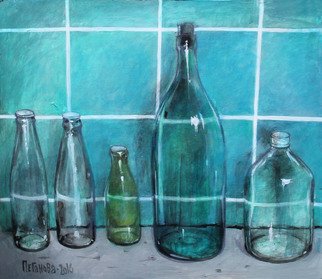 Artist: Olga Peganova - Title: green bottles - Medium: Acrylic Painting - Year: 2017