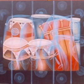Peter Odeh: 'DRUMS OF PROPHECY', 2008 Acrylic Painting, Culture. Artist Description:  Drums of prophecy is a collection of African drums known as talking drums. These drums are used to disseminate information simply by beating without actually saying a word. These drums are beating st special occasions and festivals.  ...