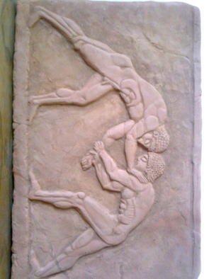 Marius Metodiev: 'Ancient wrestlers', 2011 , Mythology.    vintage terracotta - replica of an ancient terracotta tablet  ...
