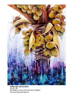 Ms Sibraa: 'Cocktail Hour', 2016 Mixed Media, Abstract.  full of coconuts this coconut palm has bold color with chrome highlights and a background of pearl translucent glaze. ...