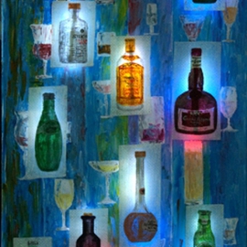 Dieter Picchio-specht: 'Light art BAR', 2010 Acrylic Painting, Figurative. Artist Description:  This light- art painting is made in my typical segment art style. Under each painted bottle there is a LED processor. A nice athmospehre of colors and lights is created when the lights of the room are switched off. ...