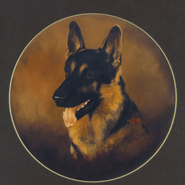 Michael Pickett: 'German  Shepard ', 1987 Acrylic Painting, Animals. Artist Description:   Painting of a German ShepherdOn a motor home wheel cover.One time, Michael was commissioned to do a portrait of a German Shepherd on a motor home wheel cover. He usually uses ultramarine blue and burnt umber to create black and when he ran out of ultramarine ...