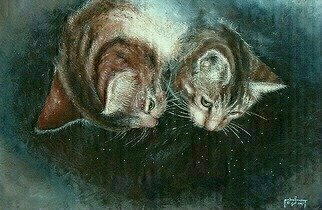 Michael Pickett: 'Two Cats Looking Down', 1997 Acrylic Painting, Cats.  This painting was painted on wood.I don't remember the size, but you can see it at the Applegate Arts Guild in Veneta Oregon, ( USA) 0. 0 ...