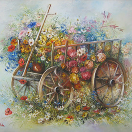 Nagy Alida: 'Oil painting Flower trolley', 2013 Oil Painting, Floral. Artist Description:       Oil painting on canvas stretched on a wooden chassis.     ...