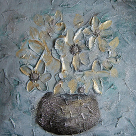 Katharina Eltringham: 'Bouquet in French Brocade', 2012 Mixed Media, Floral. Artist Description:    Acrylic on canvas. Gesso, metal, sparkle for added texture and visual delight. Colors of blues, gold and pewter. Reminding one of the beautiful and carefree fabrics of floral french brocade.               ...
