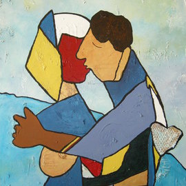 Katharina Eltringham: 'Heart on my Sleeve', 2012 Mixed Media, Abstract Figurative. Artist Description:        Acrylic on canvas with mixed mediums to add both visual and tactile texture and interest. Bold colors showing abstract couple in loving embrace. Ready to hang, sealed to keep artwork beautiful.                 ...