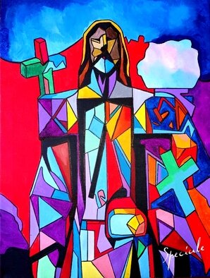 Phillip Speciale: 'chris', 2022 Acrylic Painting, Religious. This 18  x 24  acrylic on canvas painting depicts the iconic image of Jesus holding a cross.The artist has used a style characterized by bright colors, bold shapes, and monumental paintings to create a stunning interpretation of this powerful spiritual figure. Inspired by cubist cityscapes and crystal cubism, this ...