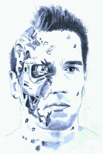 Artist Paul Jones. 'Big Arnie The Terminator' Artwork Image, Created in 2014, Original Drawing Pencil. #art #artist