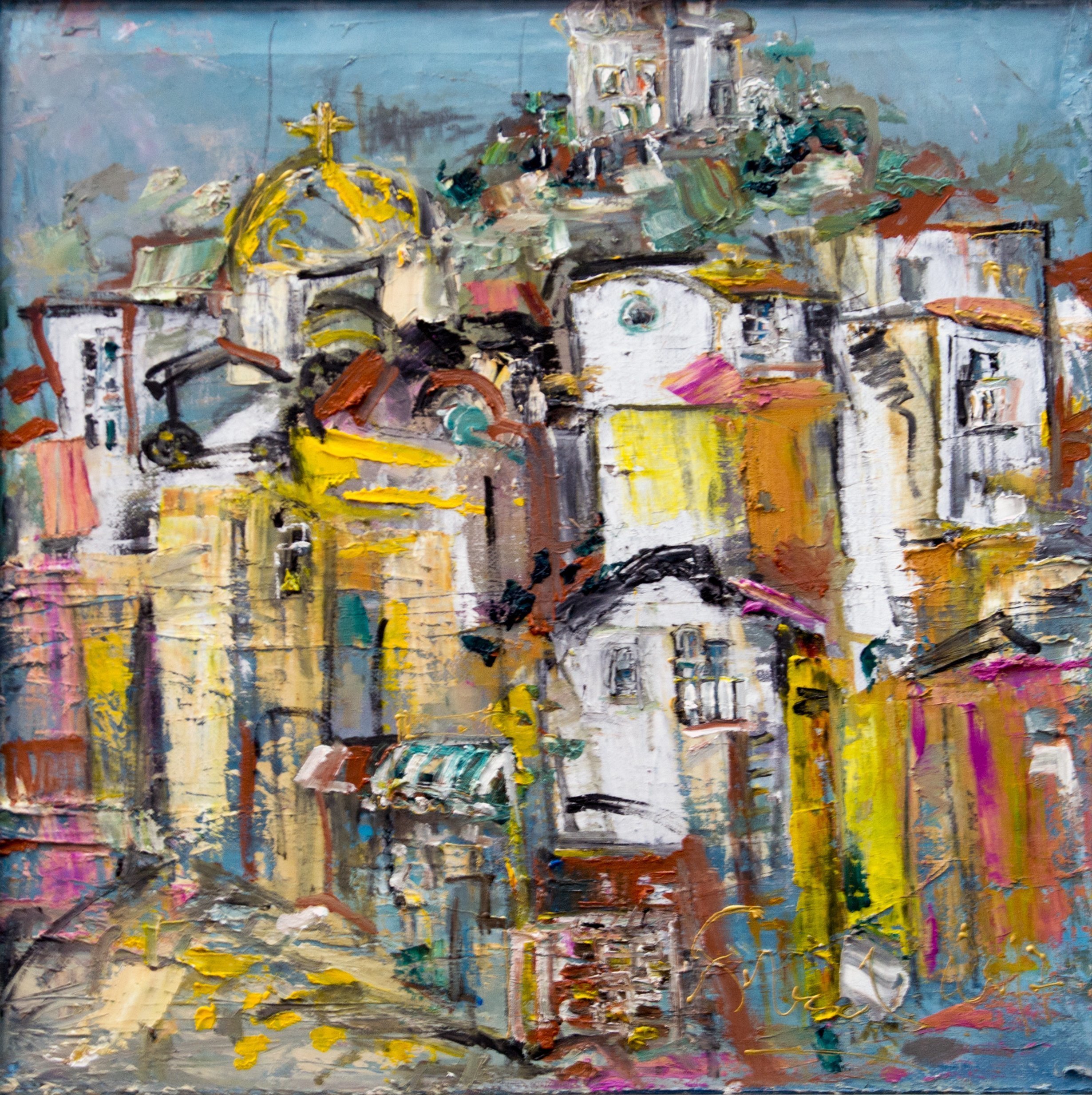 Svetla Andonova: 'plovdiv 32 2017', 2017 Oil Painting, Architecture. Category	Oil paintingSubject	Landscapes, sea and skySubstrate	CanvasMaterials	Oil colors on canvasStyle	ImpressionisticDimensions	47 x 47 x 6 cm  framed    40 x 40 x 4 cm  unframed    40 x 40 cm  actual image size Framing	This artwork is sold framed...