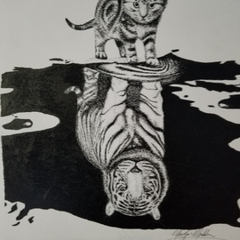 Maryjo Maddison: 'reflections', 2019 Drawings, Animals. Artist Description: Pointillism drawing of a kitten looking into a puddle and seeing a tiger. ...