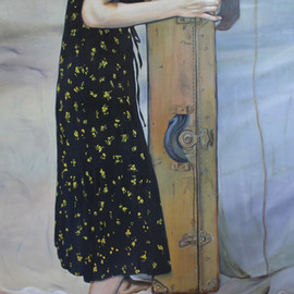 Paul Kenens: '62 Homesick The old world is closed', 2019 Oil Painting, People. Artist Description: Woman lifts old fashionet suitcase in an inpossibleway...