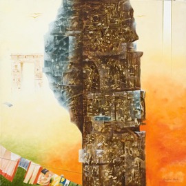 Prabha Shah: 'Organic Growth', 2011 Oil Painting, Abstract Landscape. Artist Description:  This is Lutyens' Delhi, with its gateway and large slabs of stone brought from Rajasthan. And be assured, someone will come to take the clothes off the line. The column in the middle is a living thing that has grown in the shape of a bird's hanging ...