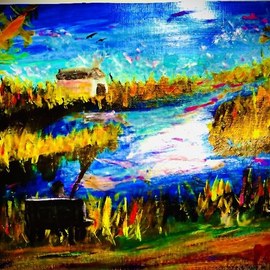 Mary Schwartz: 'favorite spot', 2021 Acrylic Painting, Abstract Landscape. Artist Description: Peaceful evening fishing hole...