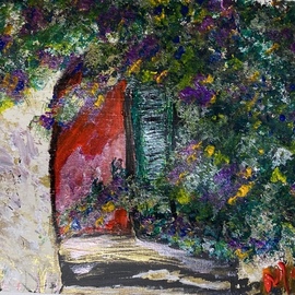 Mary Schwartz: 'red door', 2021 Acrylic Painting, Abstract Landscape. Artist Description: Mediterranean Doorway with Pendant Flowering Boughs...