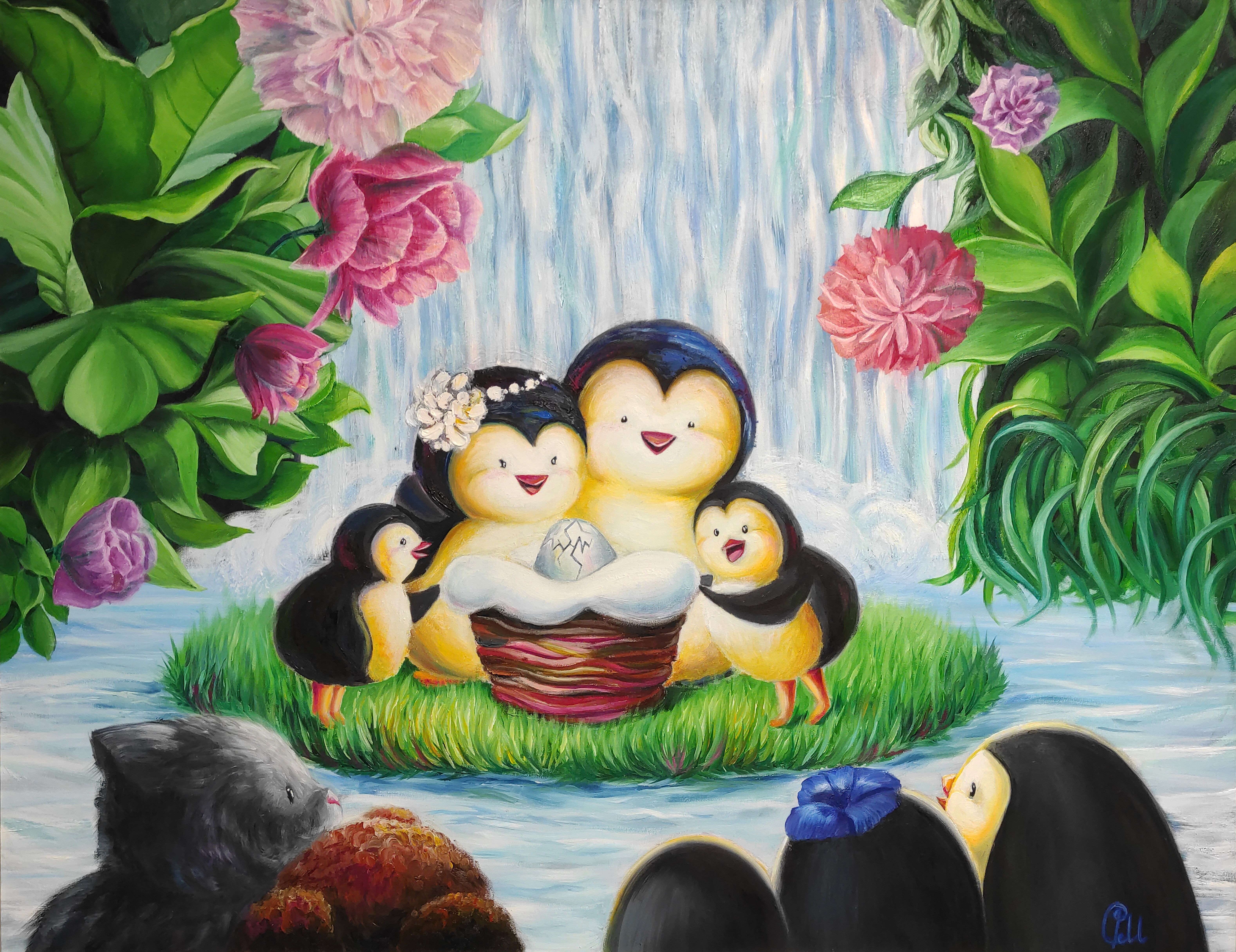 Diana Pinto Mrochek: 'Oasis of love', 2019 Oil Painting, Animals. SPECIAL OFFER Read to the end.I painted this picture in a very crisis and difficult period of my family with a clear intention to radically change the atmosphere in the house.  And I did it.  Now in my family love, peace and an incredible feeling of warmth and comfort ...
