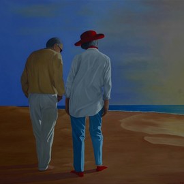Peter Seminck: 'late afternoon on the beach', 2020 Oil Painting, People. Artist Description: Elderly couple enjoying the late afternoon sun on the beach...