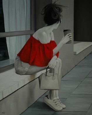 Artist: Peter Seminck - Title: red blouse waiting for him - Medium: Oil Painting - Year: 2019