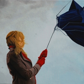 Peter Seminck: 'wind', 2018 Oil Painting, People. Artist Description: womanrainwindumbrellarealism...